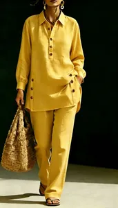 Full view of yellow linen-style long-sleeved shirt and casual trousers set for women