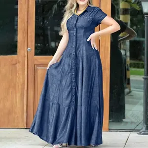 Casual short sleeve button-down denim maxi dress with shirt collar and big swing skirt