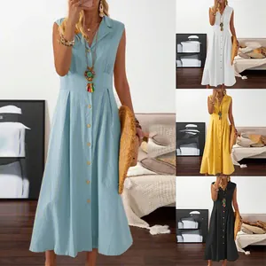 Elegantes ärmelloses Maxikleid aus Baumwolle und Leinen mit Reverskragen, vier Farben.