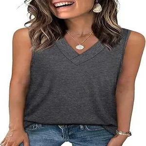 Close-up detail of women's casual gray V-neck sleeveless tank top with loose fit style