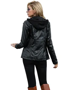 Detailed back view of a slim fit black faux leather jacket featuring a hood for women