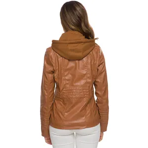 Rear view of a stylish women's brown hooded faux leather jacket featuring stitched details