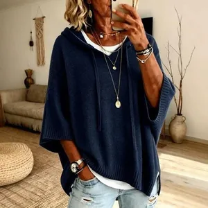 Oversized navy blue knitted hooded sweater with drawstring for casual wear