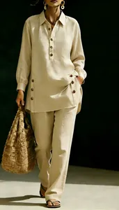 Elegant linen-blend long-sleeved shirt and trouser set in beige with button details