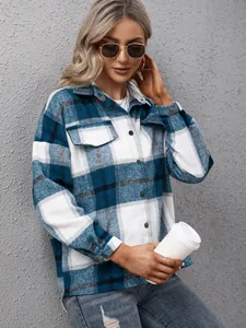 Dames dikke geruite fleece jas in blauw en wit, losse casual pasvorm