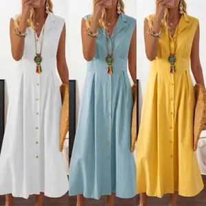 Ärmelloses Maxi-Kleid aus Baumwolle und Leinen mit Reverskragen und Knöpfen, 3 Farben