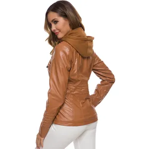 Detail of stylish brown faux leather jacket with hood showing slim fit design and back view