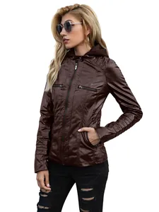 Detail view of a women's brown hooded faux leather jacket with zipper pockets
