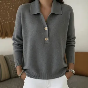 Elegant loose-fit gray polo knitted sweater for women with half-button placket and collar