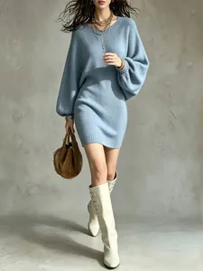 Elegant light blue oversized pullover knit dress for a chic and cozy minimalist look