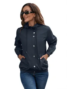 Wasserdichte Outdoor-Windjacke für Damen mit Kapuze und Druckknöpfen in Dunkelblau