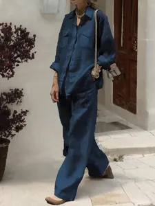 Ensemble chemise lin bleu marine manches longues et pantalon large coupe décontractée