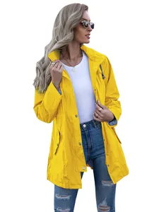 Stylish yellow hooded mid-length raincoat for women with zipper and snap button closure