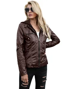 Detailed shot of a stylish brown hooded faux leather jacket for women featuring metal zippers