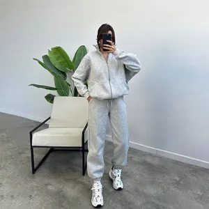 Women's cozy grey fleece-lined tracksuit set featuring zip-up jacket and joggers