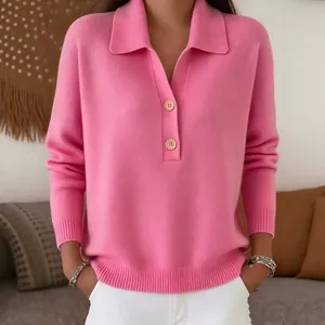 Stylish women's pink long sleeve polo neck knit sweater with button placket relaxed fit