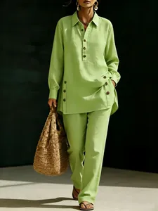 Elegant women's light green casual long-sleeve shirt and trousers two-piece set