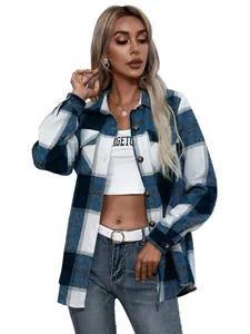 Chaqueta de camisa de franela a cuadros azul y blanco para mujer de estilo casual