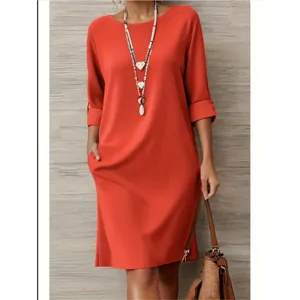 Robe Midi Élégante à Col Rond pour Femmes Couleur Unie Manches Demi Robe Décontractée Avec Poches Latérales Patchwork Polyester