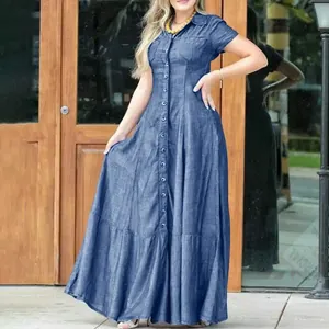 Elegant short-sleeve denim maxi dress with shirt collar and button-down front detailing