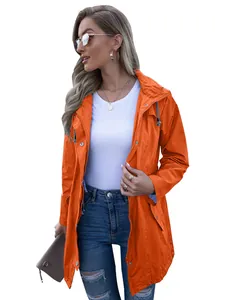 Vibrant orange women's mid-length hooded raincoat with zipper and pockets detail.