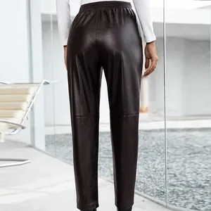 Pantalon ample en similicuir marron pour femme avec taille haute élastiquée et couture