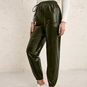 Stylish high-waisted loose olive green faux leather joggers for women with drawstring