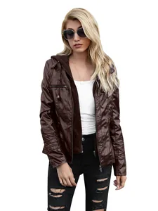 Fashionable women's brown faux leather hooded jacket in a stylish full front view pose