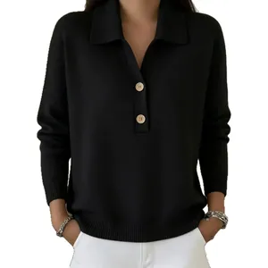Elegant women's black long sleeve knit polo sweater with lapel and button detail for casual wear