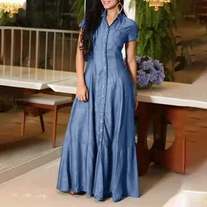 Casual blue denim maxi dress featuring a shirt collar and elegant button-down front design
