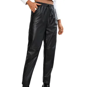 Pantalon décontracté en similicuir noir pour femme avec taille haute élastiquée