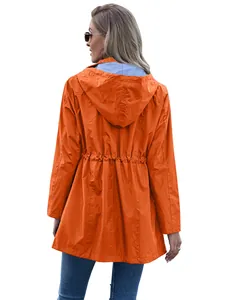 Back view of a vibrant orange hooded women's raincoat with adjustable waist detail
