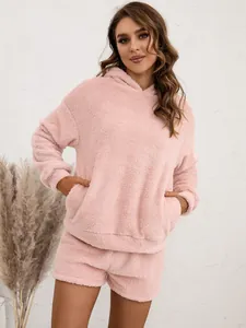Comfy pink fuzzy hooded sweatshirt and matching shorts 2-piece loungewear set for women