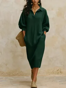Elegant dark green long sleeve knitted maxi dress with a polo collar and side pockets