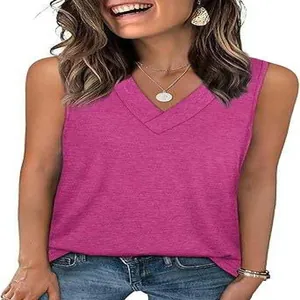 Detailed view of women's casual fuchsia V-neck sleeveless tank top for summer fashion
