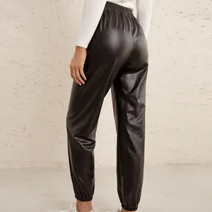 Stylish women's black PU leather joggers with elastic high waist and cuffed ankles