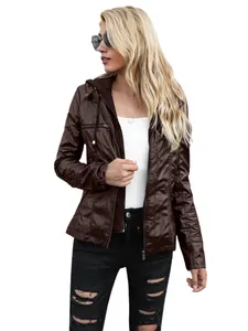 Close-up of brown hooded faux leather jacket featuring stylish metallic zipper pockets