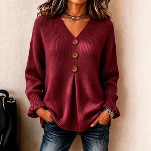 Women V-Neck Long Sleeve Knit Sweater Top With Decorative Buttons And Ruffle Cuffs Casual Solid Color Pullover