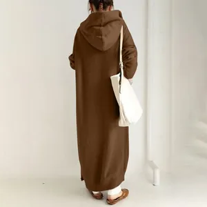 Full length back view of a long brown fleece-lined hooded sweatshirt dress for women