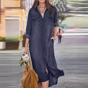 Elegant casual long-sleeved denim maxi shirt dress with collar and button-down style