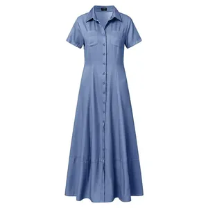 Elegant sky blue short sleeve denim maxi dress with shirt collar and chest pockets