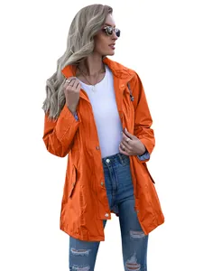 Fashionable orange hooded raincoat for women with zipper and mid-length design