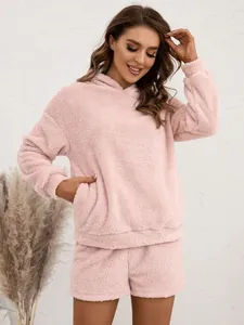 Comfortable pink fuzzy hooded loungewear set featuring soft double-sided teddy fleece