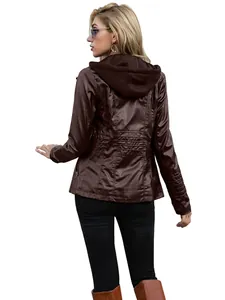 Close-up back view of women's dark brown hooded faux leather jacket with pleat detail