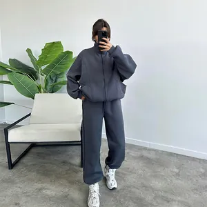 Women's 2025 autumn winter gray fleece tracksuit with zip-up hoodie and sweatpants