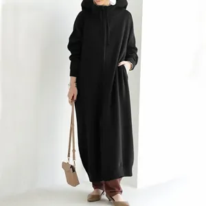 Full-length view of a women's black hooded zip-up sweatshirt robe with fleece lining.