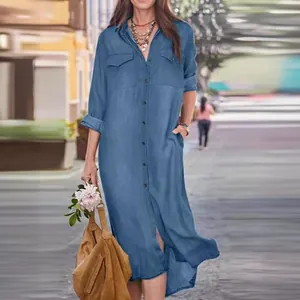 Casual blue denim button-down long shirt dress with collar and pockets for women