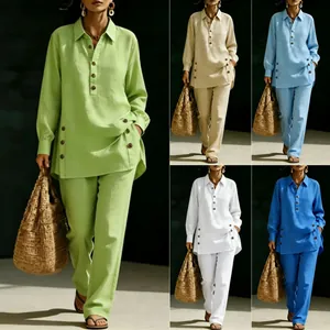 Casual Women Top And Bottom Polyester Cotton Long Sleeve Shirt And Pants Set Elegant Patchwork Button Design Female Outfits