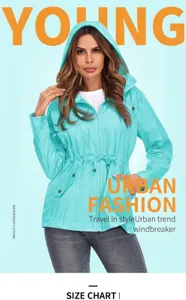 Model wearing a cyan waterproof windbreaker with an adjustable waist drawstring detail view