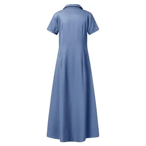 Back view of a women's casual denim blue maxi dress with shirt collar and short sleeves.
